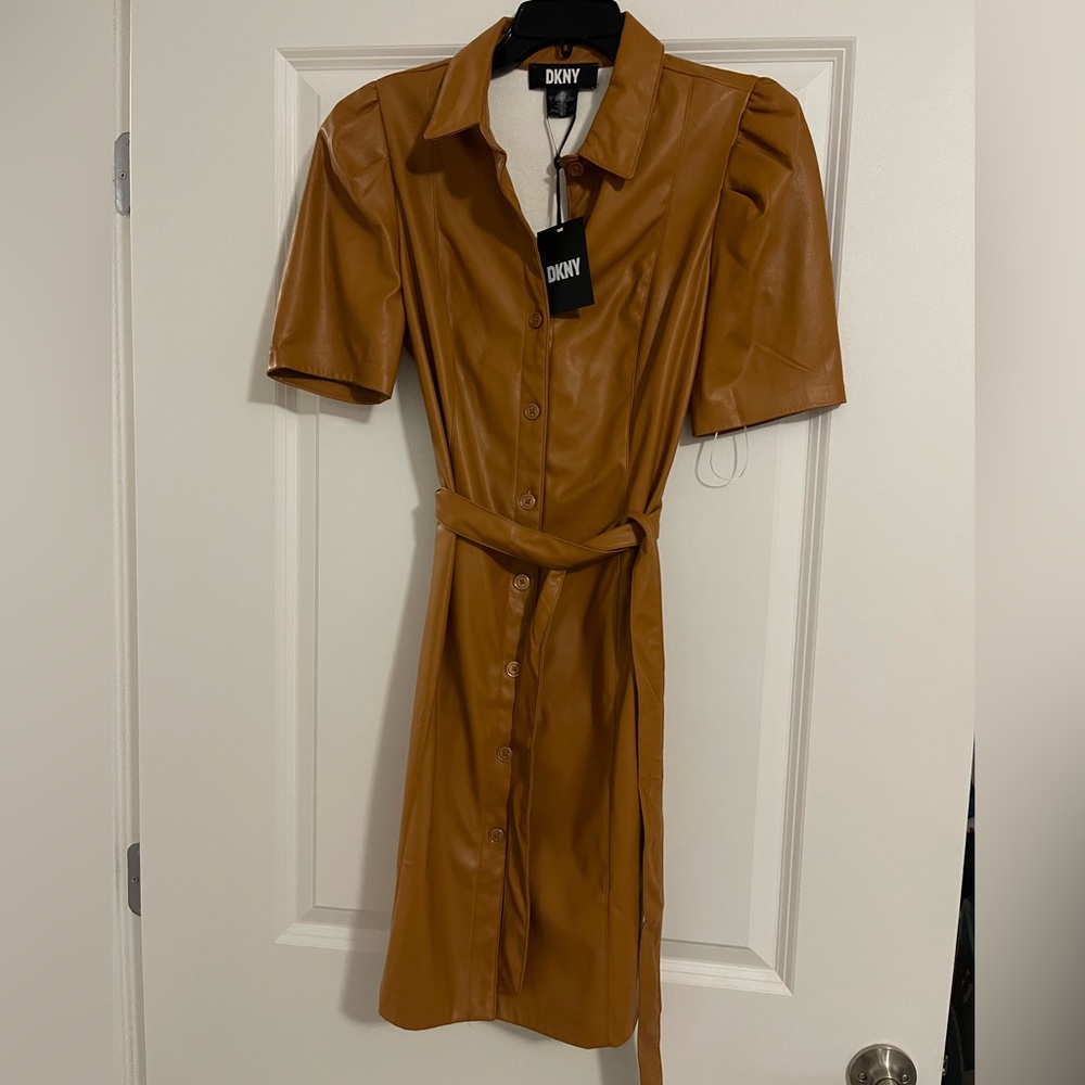 DKNY Women's Tan leather-looking Button-Up Dress
